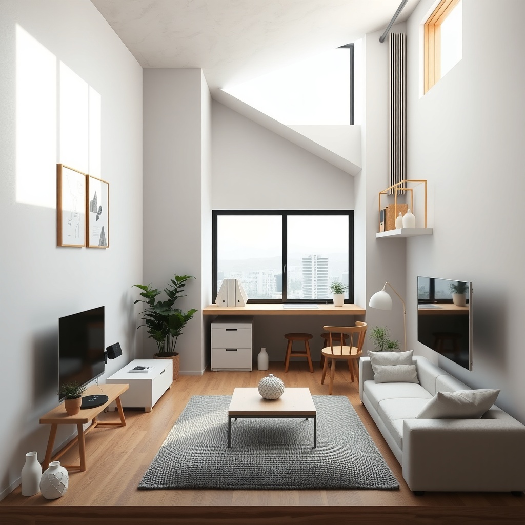 Ultra High Resolution digital art of an abstract representation of efficient design in urban living, featuring Japanese minimalism and micro apartments. This is a 3D digital artwork that showcases minimalist architecture intertwined with innovative space utilization. The environment is depicted with the main light source coming from the top right, casting soft and gentle shadows that enhance depth and dimension. Viewed through a wide-angle lens from a slightly above eye level perspective, the composition highlights the graceful elegance of space maximization. The mood is optimistic and serene, resonating with harmony and balance in living spaces. The rule of thirds guides the composition, with key elements asymmetrically balanced, underscoring the ideas of simplicity and efficient use. The color palette prominently features soft whites and grays with natural wood tone accents. This keeps a cool color temperature while maintaining a complementary color harmony approach. Award-winning, epic composition, ultra detailed