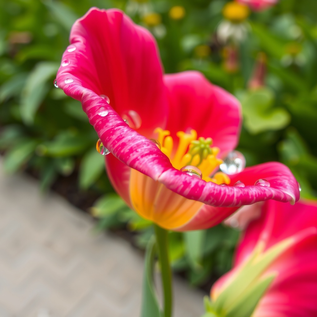 An intricate close-up of a blooming flower with dew drops on its petals, set against a blurred background of a lush garden. The flower should display vivid colors, with a focus on the textures of the petals and the glistening dew, symbolizing growth and the beauty of nature.