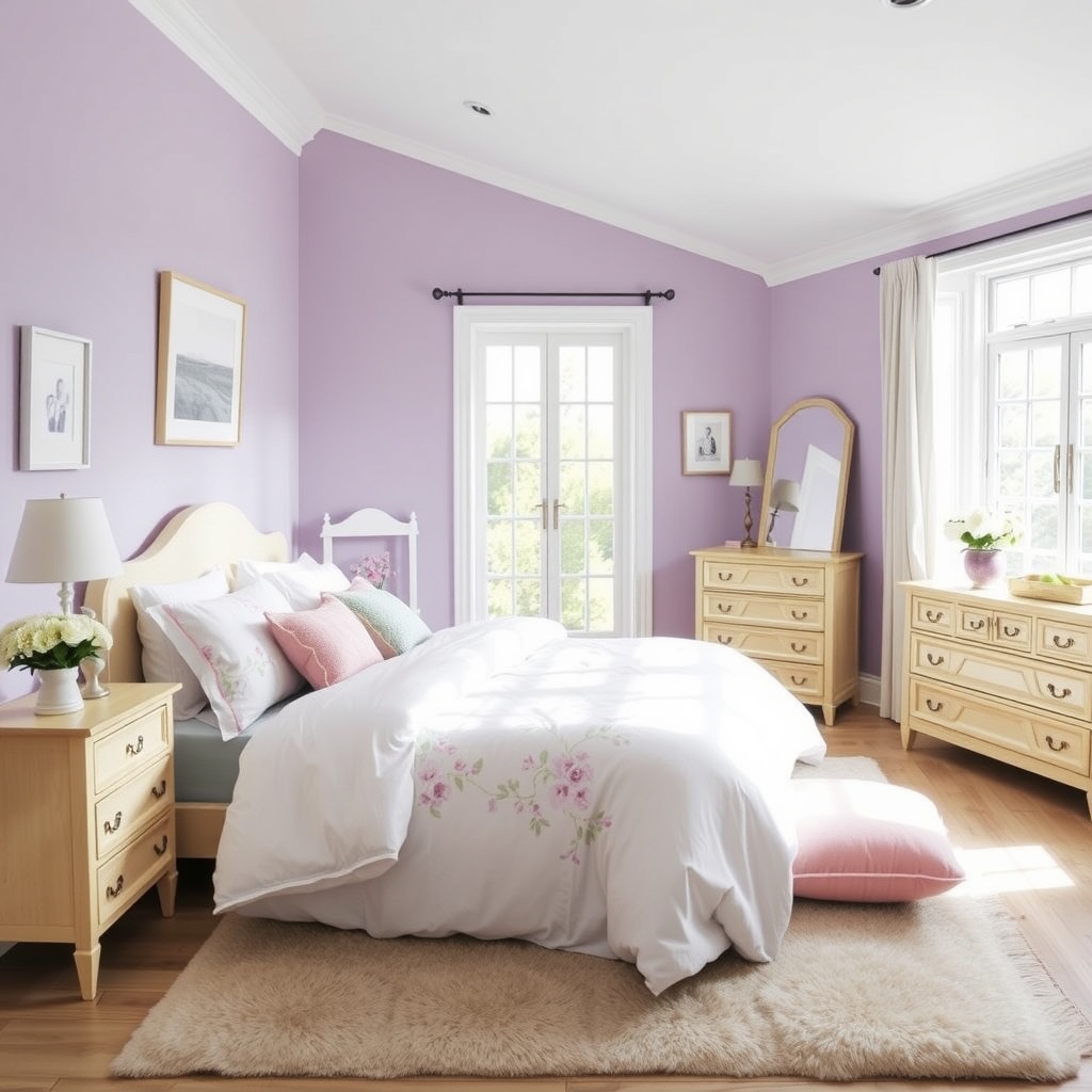 A cozy bedroom decorated with soft lavender walls, complemented by white bedding and light wood furniture. The room is adorned with delicate floral patterns in light hues, adding a touch of elegance. Large windows let in ample light, enhancing the calming environment. Elements like a plush area rug and decorative pillows in pastel colors promote relaxation, showcasing the psychological benefits of light colors in personal spaces.