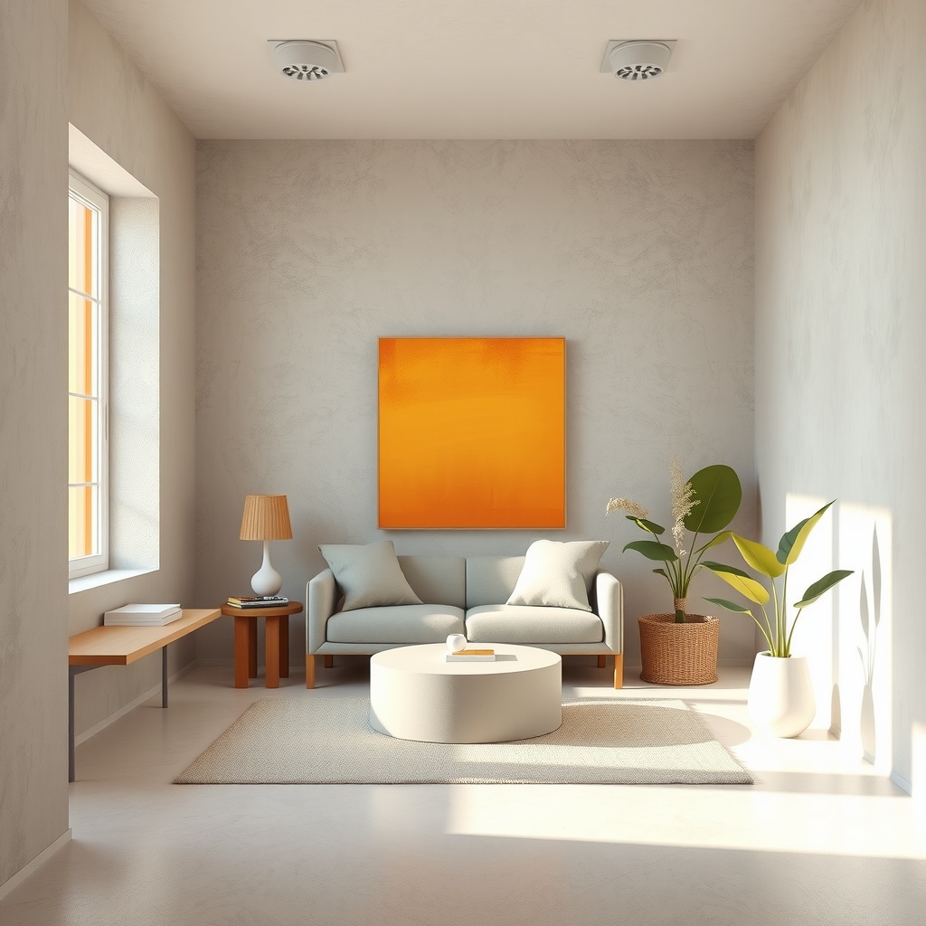 Ultra High Resolution digital art of a 3D abstract representation encapsulating color psychology in interior design for small spaces. This scene illustrates the transformative power of color on space perception and emotional well-being. The setting features the main light source from a soft overhead direction, simulating natural light with secondary lighting providing a subtle underglow around the color elements. Gentle and diffuse shadows enhance the depth of each color. It is viewed from a medium distance at eye-level, focusing on a central piece representing the dynamic interplay of colors. The tone is serene and slightly optimistic, exuding a warm environmental feel. The composition utilizes the rule of thirds, ensuring balanced dynamicity with ample negative space to signify openness. The color palette includes soft gray, warm orange, tranquil blue, with accents of muted yellow and natural green, creating a warm yet calming harmony, award-winning, epic composition, ultra detailed