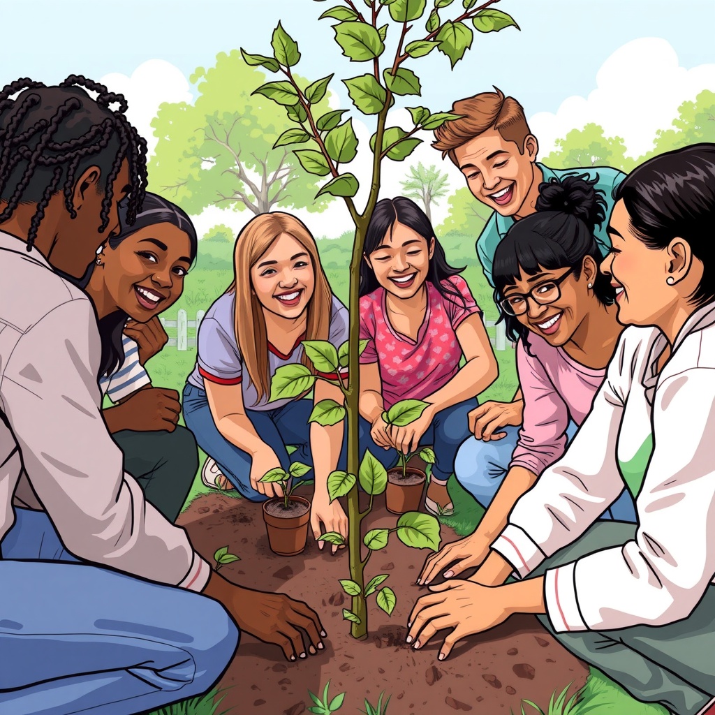 A close-up illustration of a diverse group of people engaged in an outdoor community activity, laughing and working together to plant trees, showcasing the importance of teamwork and environmental stewardship.