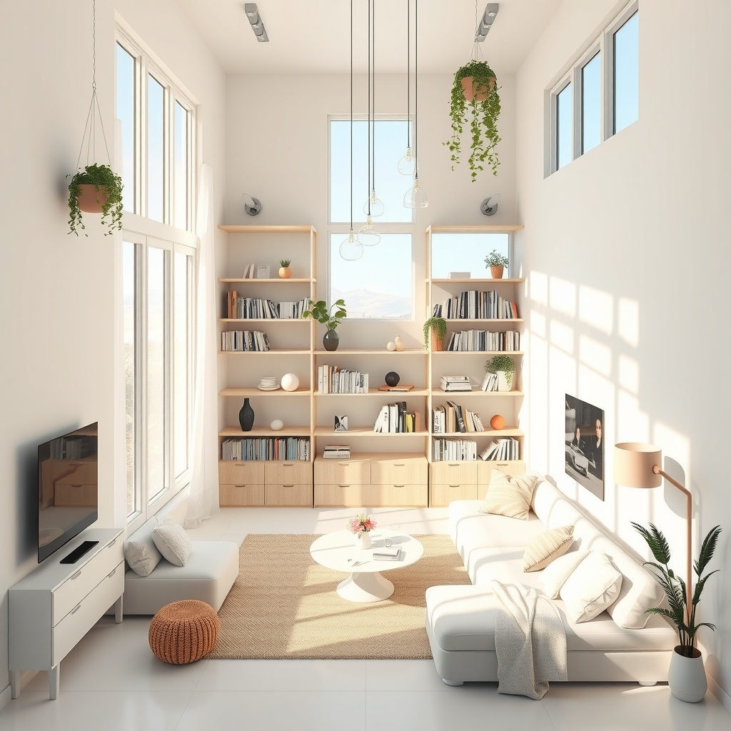 Ultra High Resolution art of a compact living space designed to maximize vertical space. A photorealistic style showcases the interior with an isometric perspective, capturing the play of bright natural light filtering through large windows. The room is illuminated in light pastel shades and whites, evoking a feeling of openness and tranquility. Smooth surfaces complement the room's light wood accents and airy textiles, enhancing the sense of spaciousness. Tall shelving units filled with books and decor draw the eye upward, while hanging plants add a touch of nature, increasing the perception of height. The atmosphere feels serene and expansive, with the interplay of textures and light creating a harmonious yet detailed composition. Evokes the style of modern interior design artists, highlighting subtle elegance and functional beauty. Award-winning, epic composition, ultra detailed