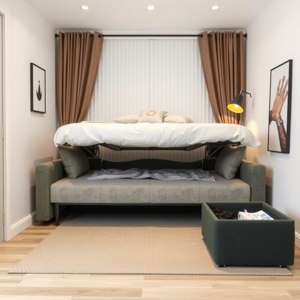 A cozy small apartment scene showcasing a multifunctional sofa bed that converts easily from a couch to a bed, accompanied by a stylish ottoman with hidden storage. The decor is minimalistic yet inviting, emphasizing warmth and comfort, perfect for compact living.