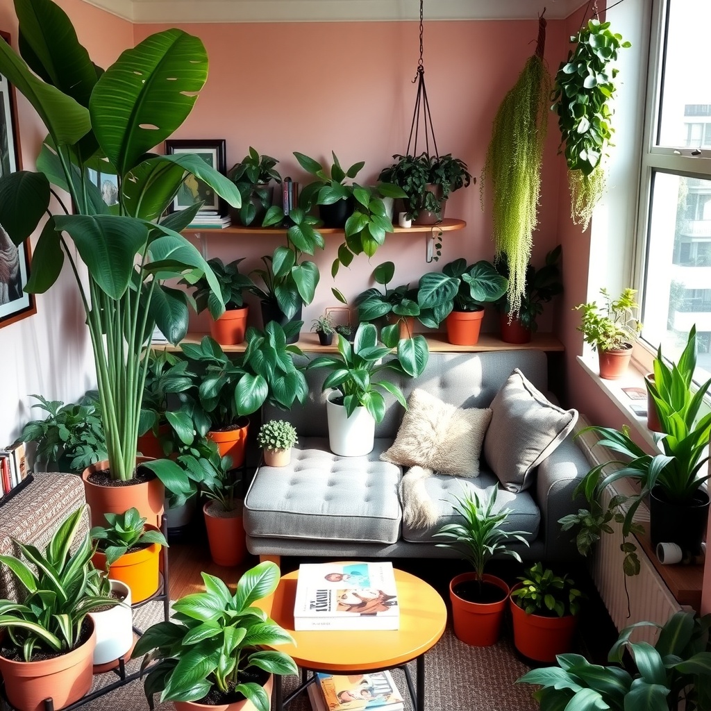  A cozy, compact living space filled with a variety of indoor plants, showcasing greenery in vibrant pots and planters. The scene includes a corner of a well-decorated apartment with a stylish sofa, a small coffee table adorned with books, and sunlight streaming through a window, creating a warm and inviting atmosphere. The plants, including a tall monstera, snake plants, and hanging ferns, bring life to the urban environment, emphasizing the harmony between nature and compact living. 