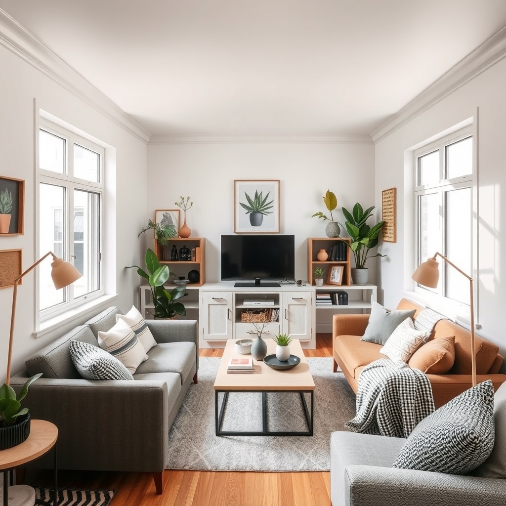  A cozy, well-organized small living space showcasing a harmonious blend of functionality and aesthetics. The room features multifunctional furniture, soft color palettes, and natural light streaming through large windows. Stylish decor elements like plants and wall art add a personal touch, emphasizing a sense of openness and flow in a compact environment. This image captures the essence of optimizing layouts in limited spaces, inviting and serene. 