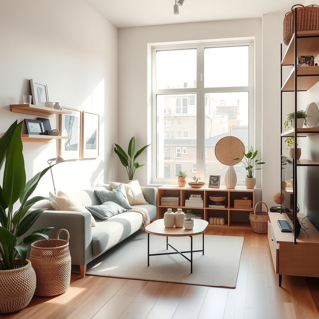  A beautifully designed small living room showcasing stylish storage solutions and a cozy atmosphere. The space features a blend of modern and minimalist furniture, including a multi-functional sofa, open shelves filled with decorative items, and light-colored walls that create an airy feel. Sunlight streams through a large window, highlighting the textures of woven baskets and indoor plants, creating a warm and inviting environment for urban dwellers. 