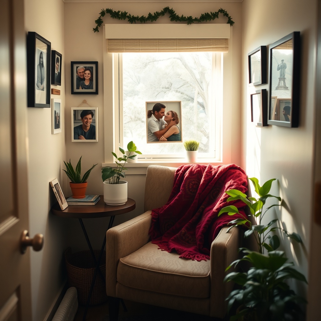An intimate corner of a small home showcasing personalized decor that represents emotional connections and ownership. The image captures a cozy nook with a comfortable chair, personal photographs on the walls, a vibrant throw blanket, and greenery. Natural light enhances the warmth of the space, emphasizing the importance of personal touches in creating a nurturing environment for mental health.