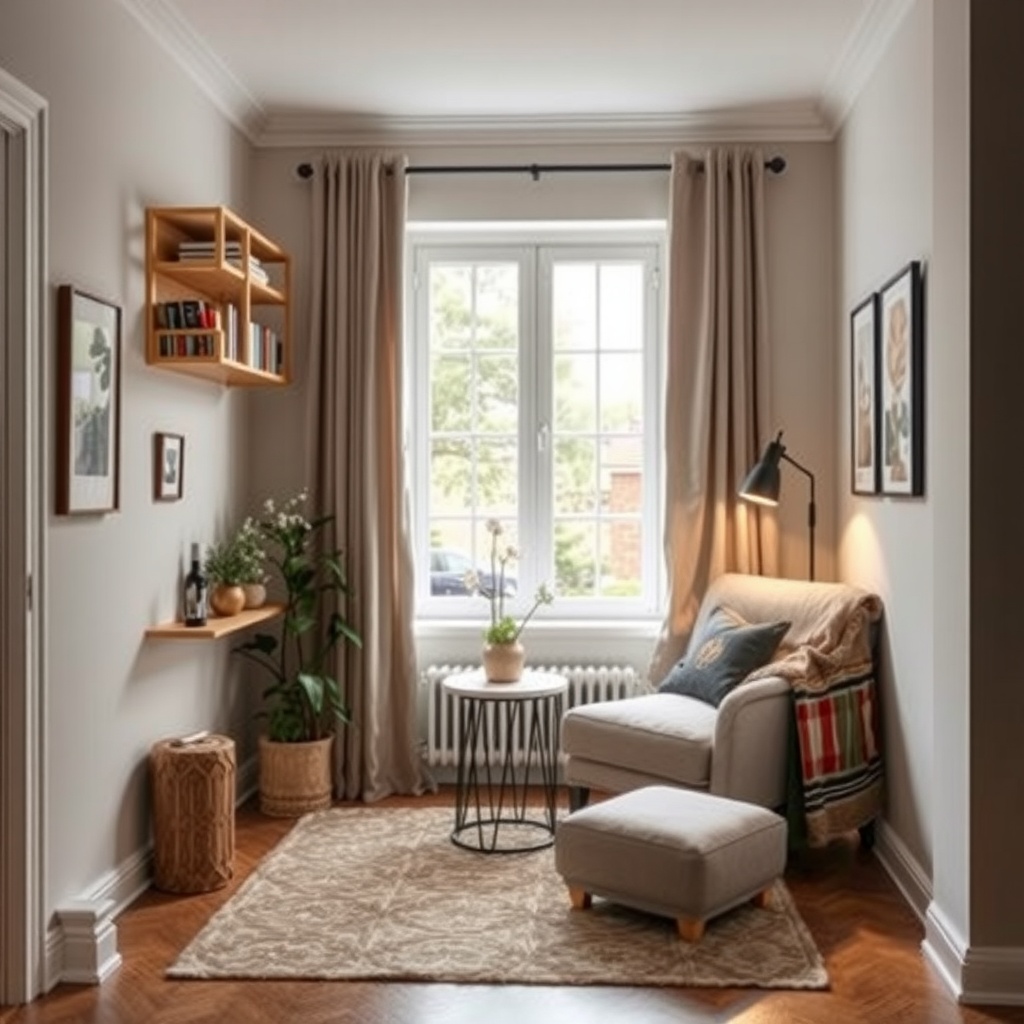 A creative and functional small living room corner transformed into a cozy reading nook. The scene should include a comfortable armchair positioned by a window, accompanied by a small side table and decorative items like books and a warm throw. Emphasize the clever use of space with wall-mounted storage and a stylish rug to define the area. The lighting should create a serene atmosphere, and the decor should reflect the mix of style and practicality as suggested in the article's tips.