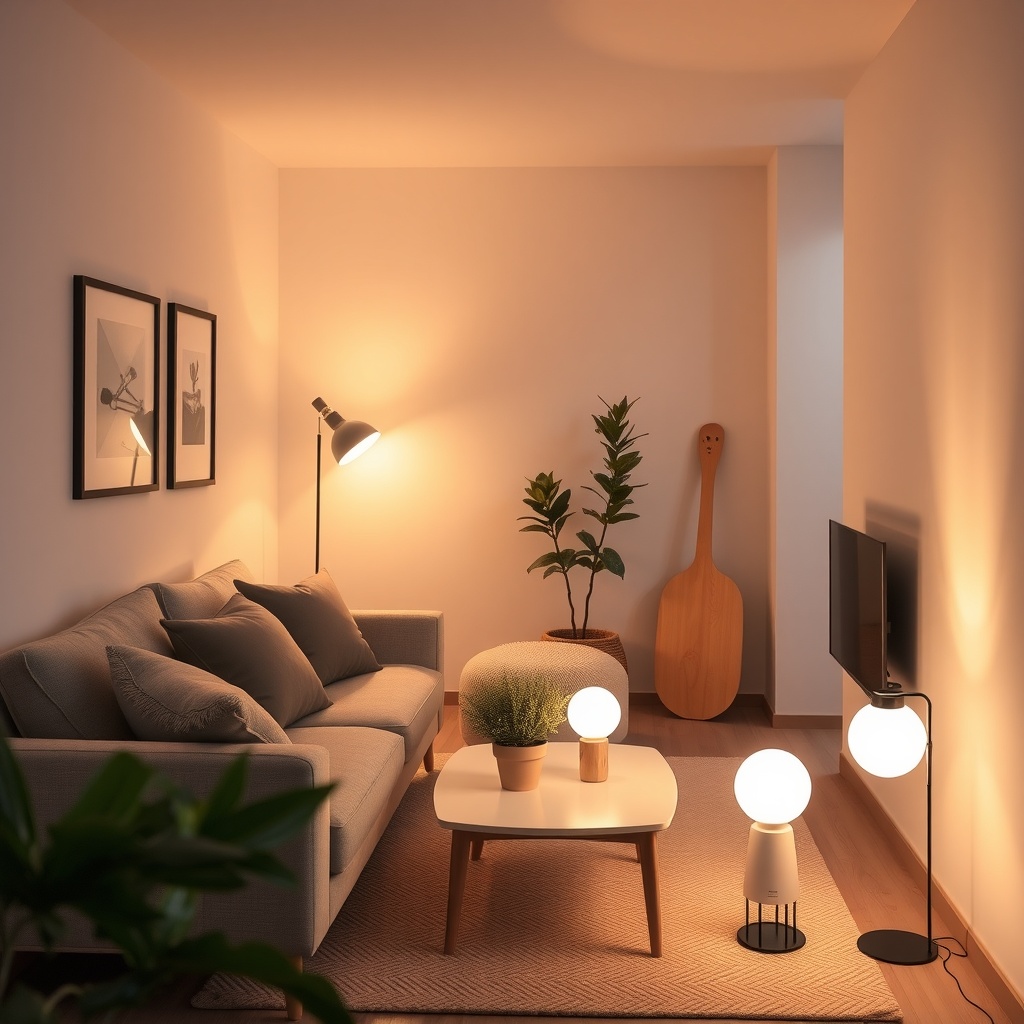  A bright, cozy, and modern small living space featuring smart lighting solutions, such as smart bulbs and LED strips creating a warm ambiance. The room includes a stylish sofa, a coffee table with smart floor lamps, and a touch of greenery, showcasing how smart lighting enhances comfort and style in compact spaces. 