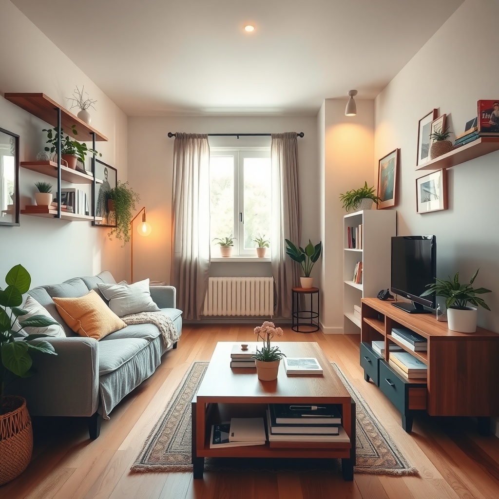 A cozy, small studio apartment with clever organization solutions. The image features a well-organized living area showcasing multifunctional furniture, like a sofa bed and a storage coffee table. Natural light streams in through a window, highlighting neatly arranged shelves with plants and books, creating a serene atmosphere. The color palette is warm and inviting, with soft textures and layered lighting added for ambiance. 