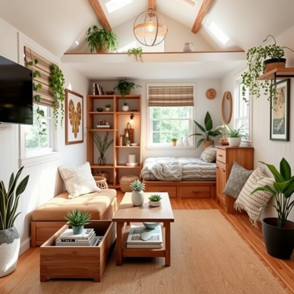 A cozy corner of a tiny home showcasing multi-functional furniture, such as a coffee table with storage and a sofa bed. The decor should emphasize functionality and simplicity, adorned with plants and earthy tones, creating a harmonious and mindful living space.