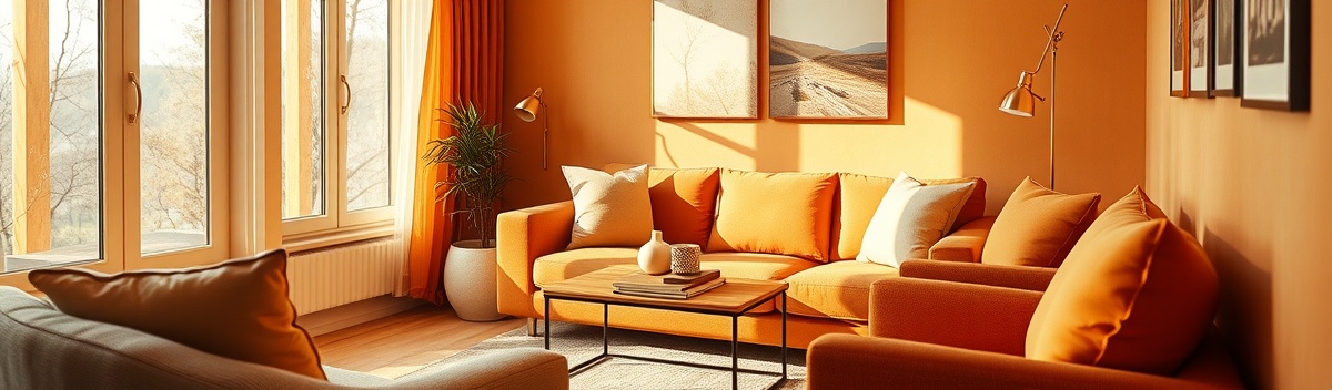Ultra High Resolution photorealistic art of a cozy, compact living room showcasing the use of color psychology through warm tones. The room features a muted orange and yellow color palette with a soft, inviting atmosphere. A plush sofa with subtle textures and a few strategically placed cushions provides comfort, while a small coffee table adds to the intimate setting. Natural light filters gently through a large window, casting delicate shadows and highlighting the smooth, polished surfaces and soft fabrics. The close-up perspective emphasizes texture and material, creating a warm and inviting environment. A harmonious color palette with earth tones is accented by vibrant splashes of color, enhancing the feeling of comfort and warmth. The scene reflects a blend of modern interior design and a touch of impressionistic influence, captured with a Canon EOS 5D using a standard 50mm lens for depth.