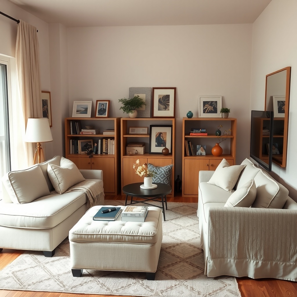 An organized and decluttered small living area showcasing a smart furniture layout with multifunctional pieces like an ottoman with hidden storage and light-colored, delicate furniture. The image should highlight natural light reflected by strategically placed mirrors and include a few personal touches such as framed photos or travel souvenirs that promote a calming ambiance.