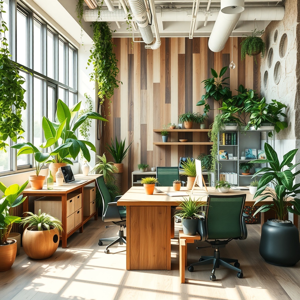 An eco-friendly workspace showcasing biophilic design principles, with abundant greenery and natural materials. The office features a large, sunny window that fills the room with light, and is equipped with smart technology seamlessly integrated into the design. Elements like reclaimed wood, stone textures, and lush houseplants create a vibrant and inviting atmosphere while enhancing productivity. The image emphasizes a connection with nature amidst a modern interior.