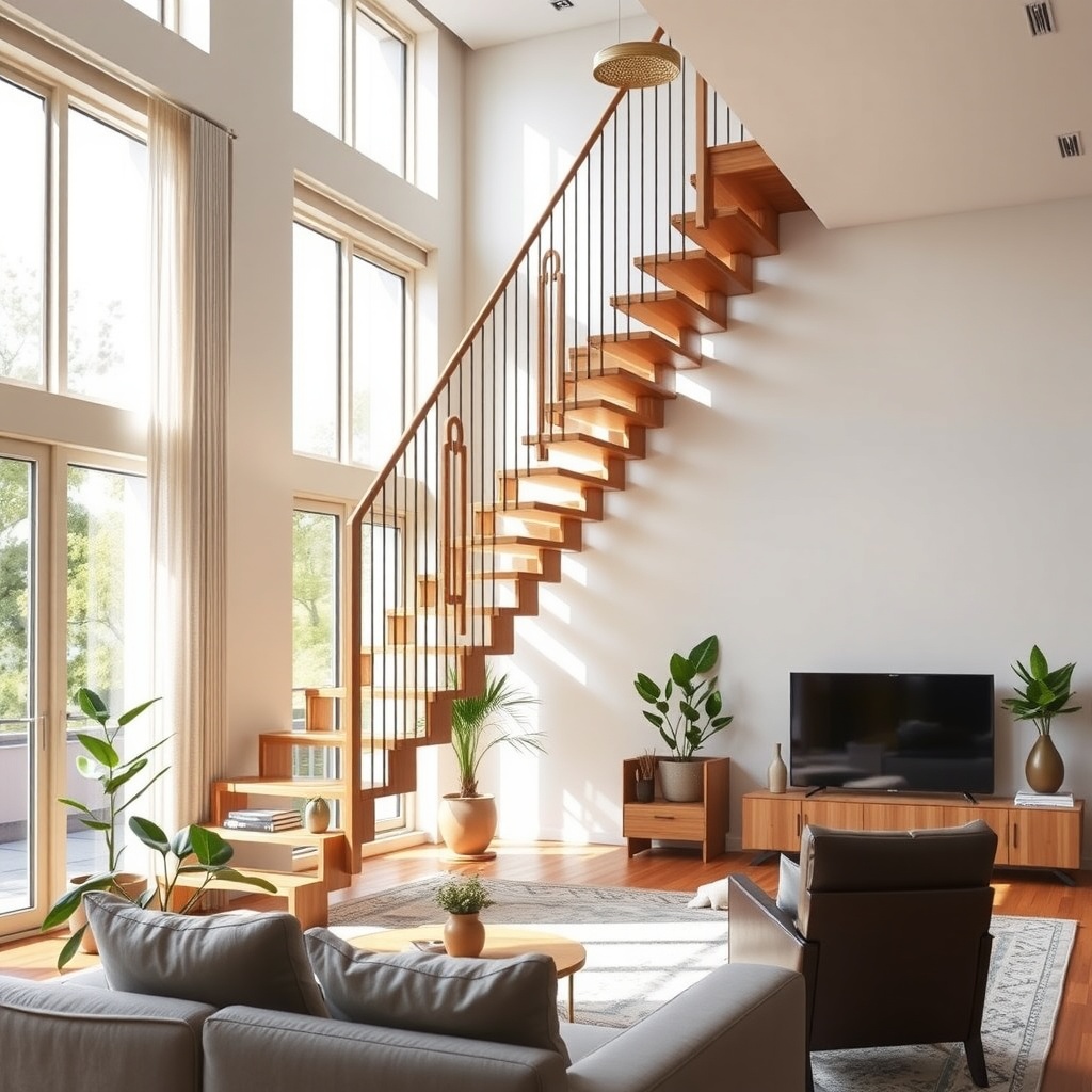  A modern, elegantly designed folding staircase installed in a stylish, contemporary living room. The staircase features a sleek, minimalist design with sustainable bamboo materials. Sunlight floods through large windows, highlighting the staircase as a statement piece. Decorative plants and tasteful furniture enhance the aesthetic, creating a warm, inviting atmosphere. 