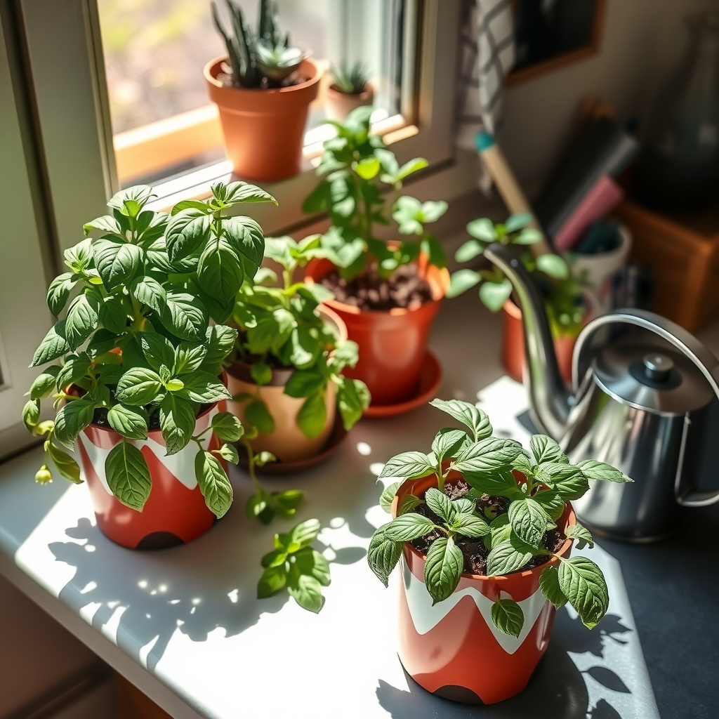 An indoor scene featuring a dedicated plant care area, including various herbs like basil and mint growing on a bright kitchen windowsill. The sunlight illuminates the vibrant green leaves and colorful pots, highlighting the connection between cooking and gardening. The background includes small potted succulent arrangements and a stylish watering can, capturing the essence of indoor gardening and the benefits of fresh herbs in compact living spaces.