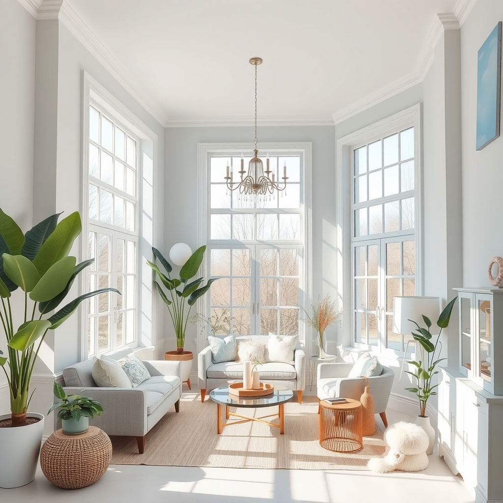  A beautifully designed interior space showcasing a light color palette with soft blues, creamy whites, and subtle pastel accents. The room features large windows allowing natural light to flood in, creating an airy and inviting atmosphere. There are comfortable furniture pieces, decorative plants, and elegant light fixtures. The overall vibe is serene and refreshing, illustrating the impactful use of light hues in home design. 