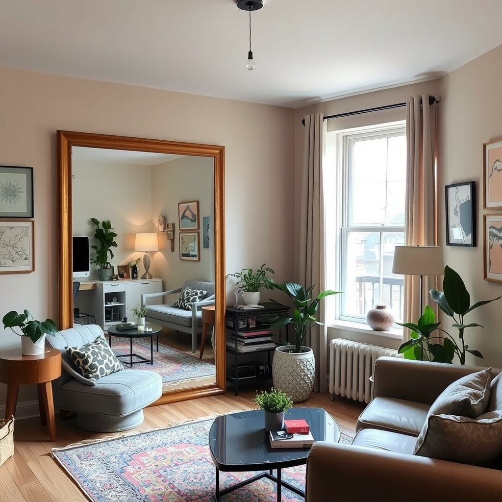A cozy small apartment living room with a large mirror placed opposite a window, reflecting natural light and creating a sense of openness. The decor is a mix of modern and vintage styles, with plants and art pieces enhancing the aesthetic appeal. The atmosphere should feel warm and inviting, showcasing how mirrors can brighten and expand a space.