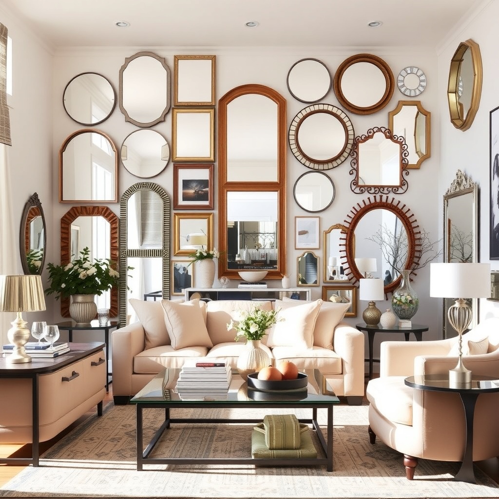  A beautifully designed living space featuring multiple mirrors of various shapes and sizes strategically placed to create an illusion of expanded space. The room is bright and airy, with natural light reflecting off the mirrors, enhancing the warmth of the decor. Include stylish furniture and decorative elements that showcase the versatility of mirrors in home design. 