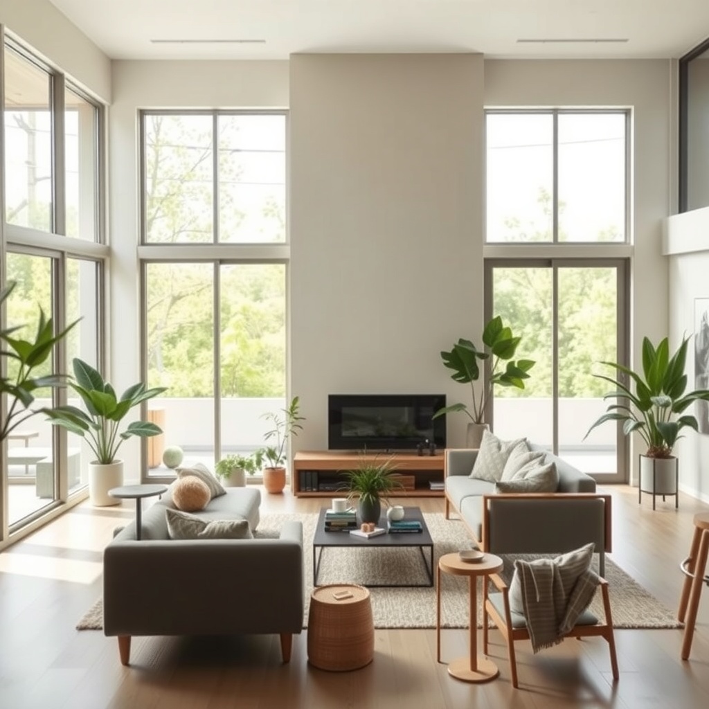  A beautifully designed modern living room that embraces minimalism, featuring clean lines, neutral tones, and multi-functional furniture. Large windows allow natural light to flood the space, showcasing eco-friendly materials and indoor plants that bring a touch of nature inside. The overall atmosphere is serene and harmonious, reflecting the essence of contemporary sustainable design. The scene is well-composed, capturing the balance between comfort and style. 