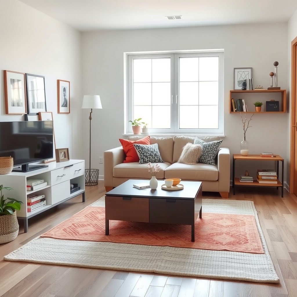  A stylish and modern small living room featuring multi-functional furniture, light color palette, and inviting decor. The room should showcase a cozy arrangement with a sleek sofa, a decorative coffee table that doubles as storage, and a bright window allowing natural light to flood the space. Incorporate elements such as decorative shelves, vibrant cushions, and a warm rug to create a welcoming atmosphere. The overall vibe should be chic, airy, and reflective of a well-organized small living space. 