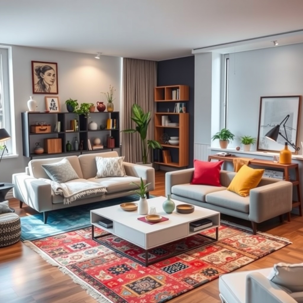  A modern, multi-functional living room that showcases versatility in design. The room features a stylish sofa bed, a sleek coffee table that can transform into a dining table, and shelves filled with decorative storage boxes. Various areas of the space are defined with colorful rugs, and smart lighting sets the mood. Large windows let in natural light, emphasizing a harmonious blend of comfort and functionality. The decor reflects a contemporary aesthetic with plants and artwork that enhances the cozy yet practical atmosphere. 