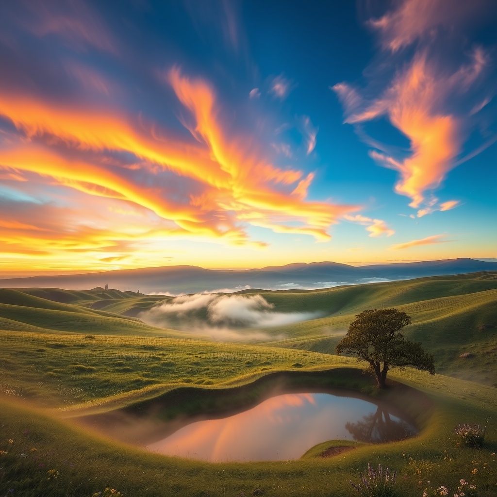  A serene landscape with rolling hills under a vibrant sky at sunrise, dotted with wildflowers and a small tranquil pond reflecting the colorful clouds. A gentle mist rises from the ground, creating an ethereal atmosphere, with a lone tree in the foreground providing a sense of scale and beauty. 