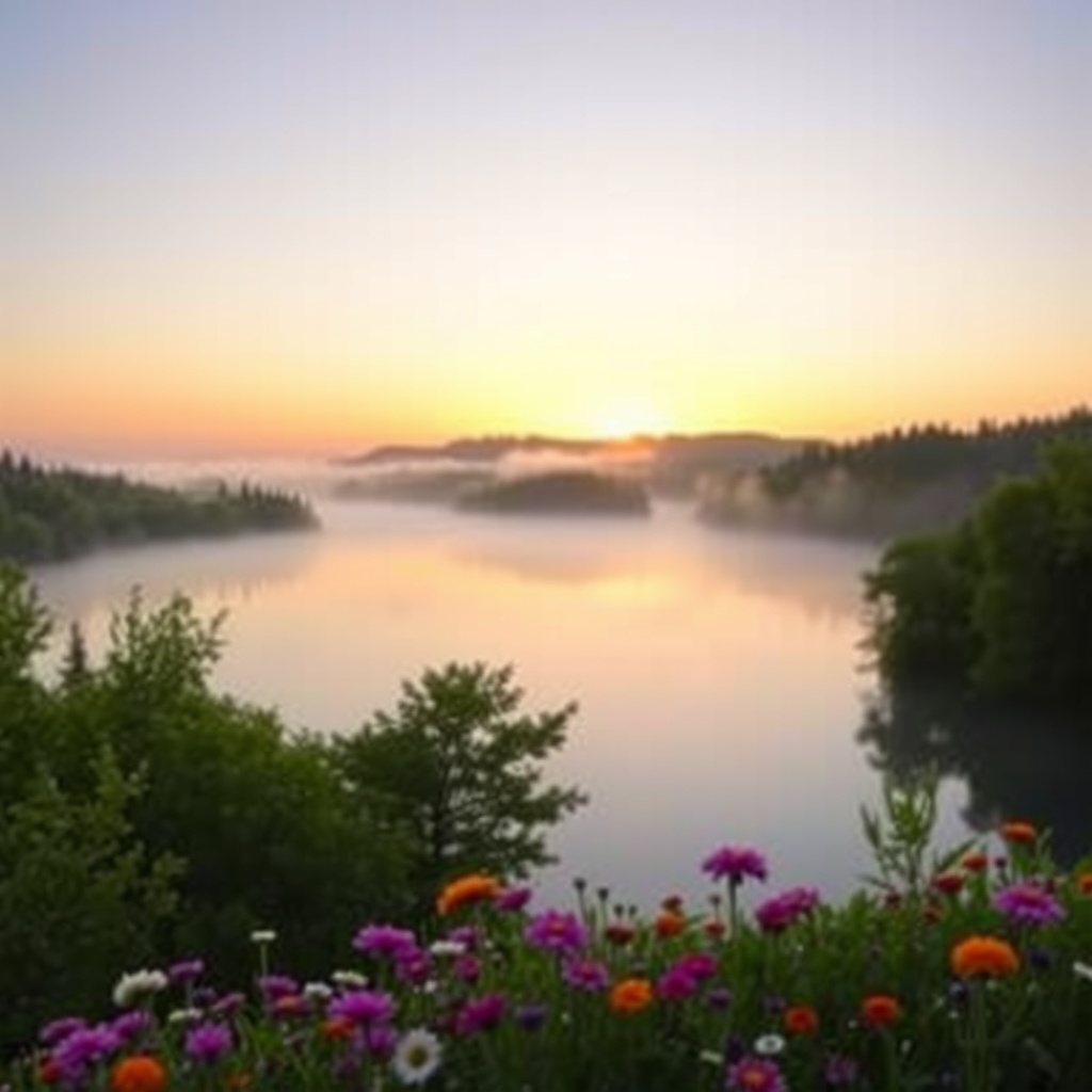  A serene landscape at sunrise, with a gentle mist rolling over a tranquil lake surrounded by lush green trees and colorful wildflowers in the foreground, embodying the theme of peace and harmony with nature. 