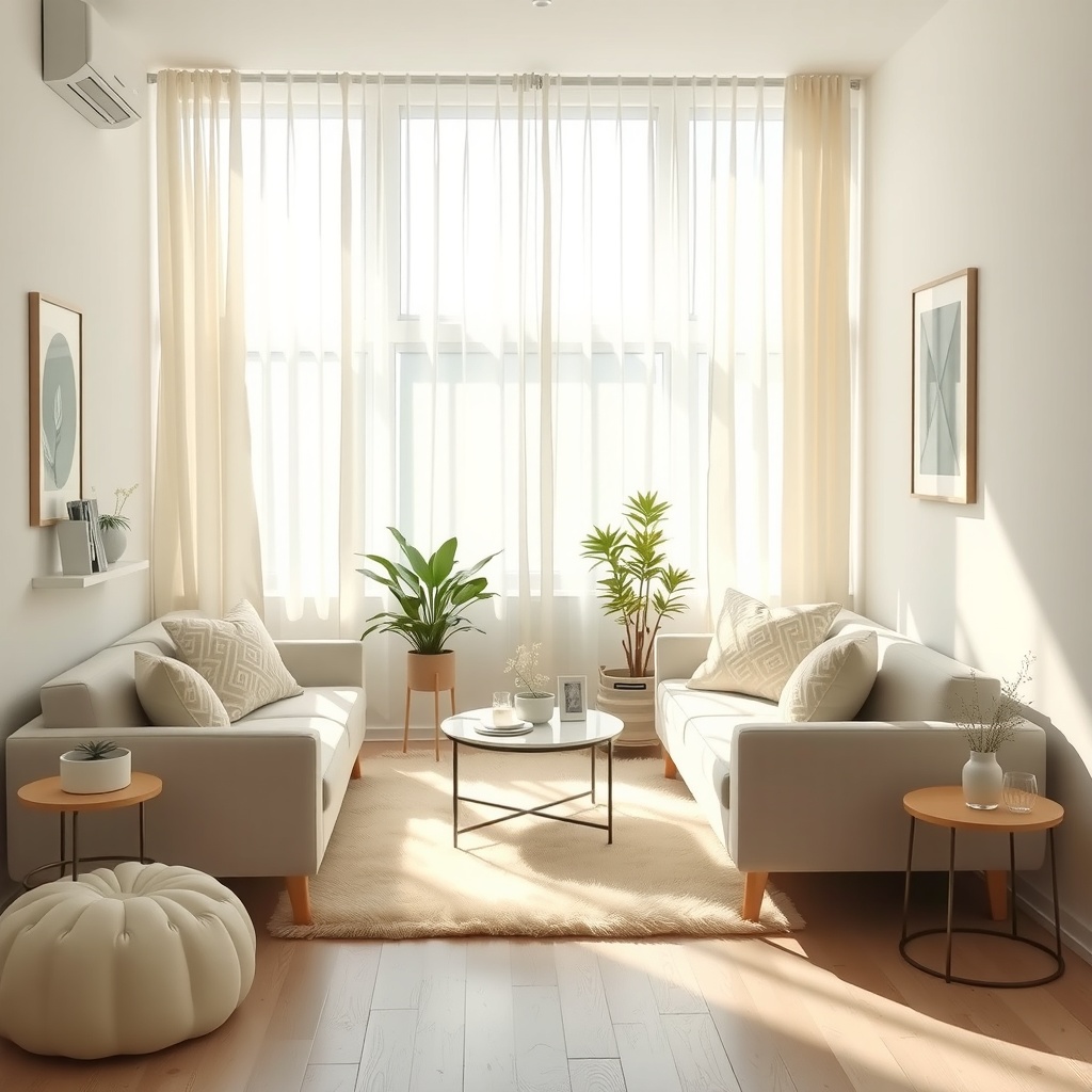  A serene small living space designed with soft pastel colors like pale blue and cream, incorporating natural light through sheer curtains. The furniture is minimalistic yet functional, with a cozy plush rug and a few decorative plants to evoke tranquility and a sense of calm. The atmosphere feels inviting and peaceful, suitable for relaxation and unwinding. 