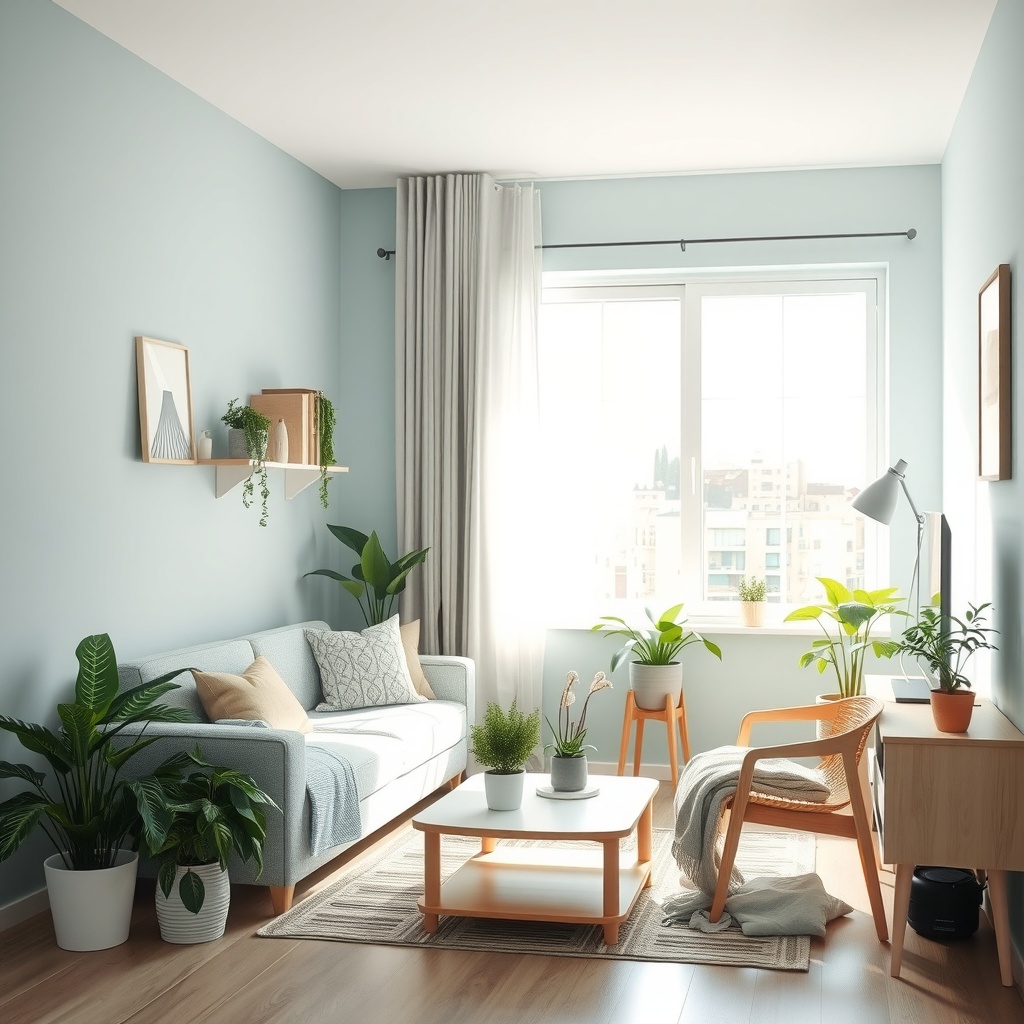  A serene and cozy small apartment interior that illustrates thoughtful room layout for mental well-being. The scene features a well-organized living space with a calming color palette of soft blues and greens, plants for natural elements, and multi-purpose furniture that maximizes utility. Light filters through a window, creating an inviting atmosphere that promotes relaxation and tranquility. 