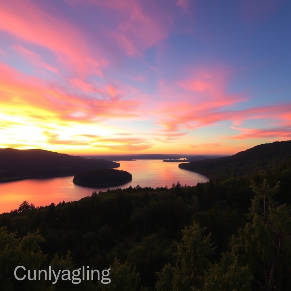  A serene landscape showcasing a vibrant sunset over a calm lake, surrounded by lush green forests, with soft reflections of the colorful sky on the water's surface, evoking a sense of peace and tranquility. The colors should be vivid, and the atmosphere should feel enchanting and inviting. 