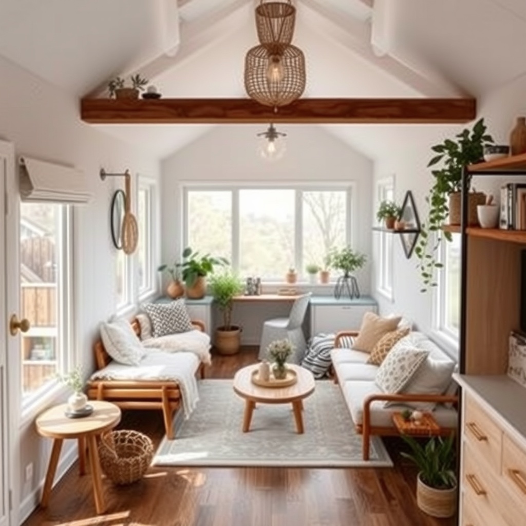  A serene tiny home interior, featuring minimalist decor with clean lines, neutral color palette, and natural elements like plants and wooden furniture. The space should feel open and inviting, evoking a sense of calm and tranquility, with soft light filtering through large windows. 