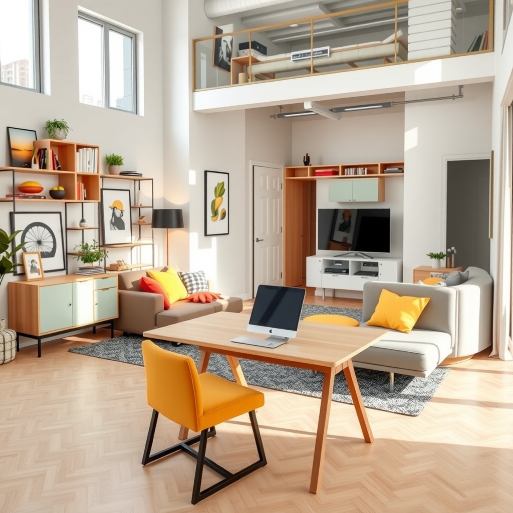  A stylish urban living room featuring innovative foldable furniture solutions, such as a compact dining table that transforms into a workspace and modular seating options. The space is bright and airy, with contemporary decor and vibrant colors, showcasing the essence of modern, space-efficient living. 