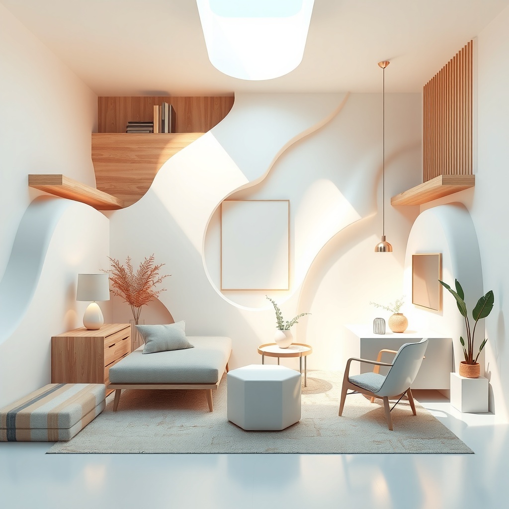 Ultra High Resolution digital 3D art of abstract composition symbolizing the transformation of small living spaces into expansive havens. Geometric shapes represent diverse design elements like furniture, lighting, and color, intricately arranged to create a fluid and expansive feel. The primary light source is soft, emanating elegantly from the top right, casting gentle, abstract shadows with rim lighting that artfully highlights key shapes. The eye-level perspective from a medium distance draws focus to a central piece representing minimalism and innovation, perfectly aligned along the rule of thirds for a dynamic balance and engaging composition. The mood is optimistic and serene, with a light visual weight conveying openness and tranquility. The color palette consists of soft whites and natural wood tones, accented by warm metallic hues, harmoniously blending with soft blue and green accents to suggest nature and tranquility, creating an award-winning, epic composition, ultra detailed.