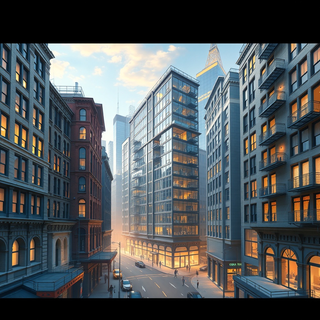 Create an abstract representation of innovative urban micro-living through adaptive reuse in a metropolitan setting. Utilize a digital art style, focusing on 3D elements to convey the transformation of old warehouses into modern micro-apartments. Emphasize lighting from an overhead source, casting soft shadows that highlight the architectural details. The scene should be wide-angle, capturing the intersection of old and new structures with a focus on harmony and progression. Convey an optimistic mood with a serene sky and gentle urban bustle, balancing elements using the rule of thirds. Adopt a color palette featuring cool blues and greys accented by warm yellow lighting, achieving a complementary harmony that suggests progress and innovation.