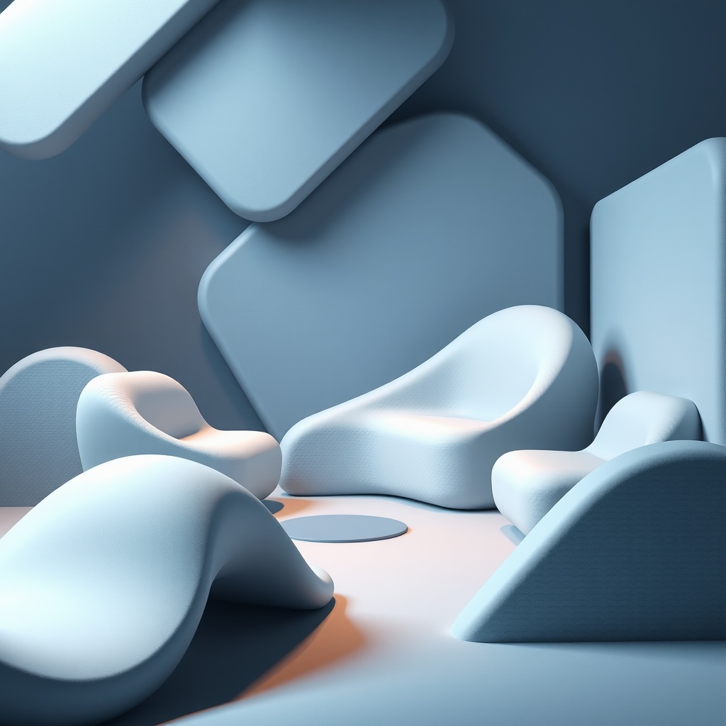 Create an abstract digital art piece (3D) that represents the convergence of aesthetics and utility in modern multifunctional furniture. The image should feature interlocking geometric forms as a metaphor for how furniture pieces seamlessly adapt to multiple uses. Lighting should emanate softly from the top-left corner, casting subtle, diffuse shadows that underscore the smooth interconnections of the forms. The focus should be a medium distance perspective at eye level, drawing attention to the interplay of shapes at the center of the composition. The mood should be innovative and optimistic, with a light and airy atmosphere. Use the rule of thirds to place key elements leaping from the left side towards the center, balancing minimalistic forms with dynamic flow. Opt for a color palette of steel blue and soft gray as primary colors, alongside accents of emerald green, creating a cool and refreshing temperature with a harmonious analogous scheme.