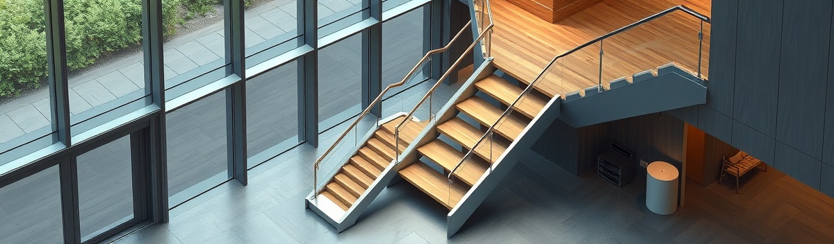 Ultra High Resolution 3D digital art of evolution in architectural access solutions beyond traditional staircases, symbolized in an abstract, conceptual style. The image presents an integration of new systems like industrial stairs, Easy Access platforms, and the FlexStep, emerging as innovative solutions. The scene is bathed in warm, inviting light from the top-left, casting soft shadows that enhance the atmosphere. The artwork is captured from a medium distance eye-level view, designed with the rule of thirds to focus on the harmonious blend of past and modern structures. The mood is incredibly optimistic and innovative. The color palette features steel gray and earthy tones brightened by vibrant accents in blue and green, reflecting modernity and inclusivity. The overall temperature is cool, creating an engaging and balanced visual piece that is award-winning, epic composition, ultra detailed