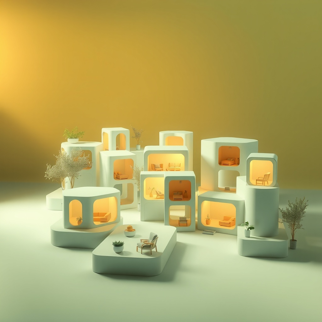 Create an abstracted digital art 3D representation to encapsulate the core theme of thriving in small living spaces, emphasizing innovation, community, and adaptability. Utilize a warm, gentle directional light from the upper left to highlight an array of geometric forms symbolizing multifunctional living arrangements. Shadows should be soft and diffuse, creating a sense of openness and harmony. View from a medium distance with an eye-level perspective, centering the focus on a stylized representation of communal living structures. Convey an optimistic, inviting mood with soft environmental tones and lightweight visual balance. Composition follows the rule of thirds, integrating dynamic elements through organic shapes interwoven with void spaces, suggesting connectivity and flow. Employ a complementary color palette of muted greens and blues, accented with warm yellows to evoke tranquility and sustainability. Maintain a cool temperature throughout, ensuring a cohesive harmony between community and innovation.