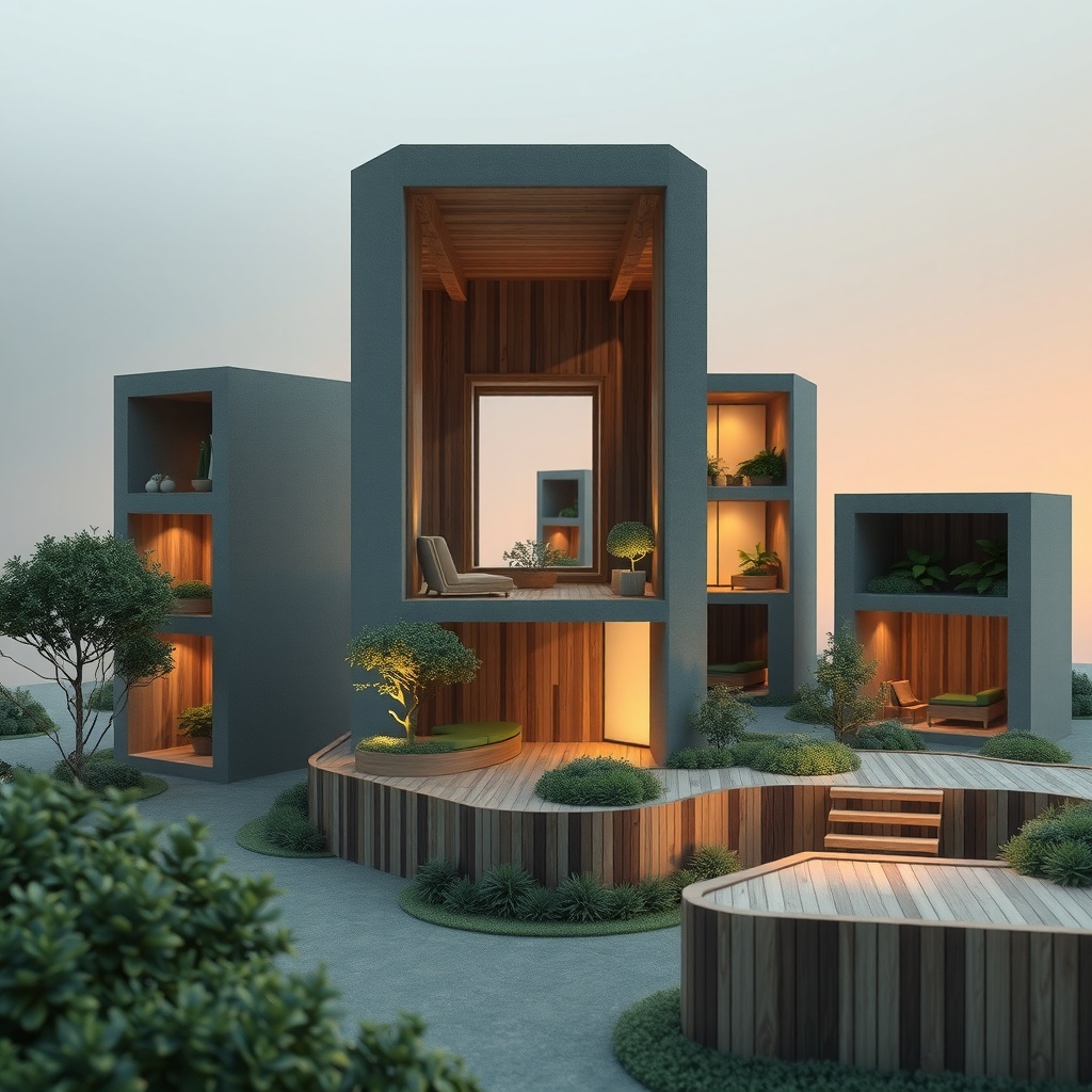 A conceptual visualization depicting the theme of innovative and compact architectural designs, focusing on the efficient use of limited space and sustainability. The image is an abstract representation, not tied to specific details but rather embodying the essence of clever spatial solutions. Choose a 3D digital art style for depth and dimension, capturing the delicate interplay of space and design. The lighting should be ambient with soft, warm undertones, emanating from an imaginary, diffuse overhead source, creating gentle gradients and subtle shadows, highlighting the interconnectedness and flow within compact spaces. The camera should use a medium distance with a slightly elevated perspective, peeking over the structures to emphasize the architectural intricacies. The mood is optimistic and forward-thinking, set in a serene environment. The composition adheres to the rule of thirds, balancing the innovative structural elements with open negative space to suggest potential and adaptability. The color palette should consist of cool greys, warm wood tones, and vibrant earth greens, employing an analogous color harmony that underscores unity and cohesion.