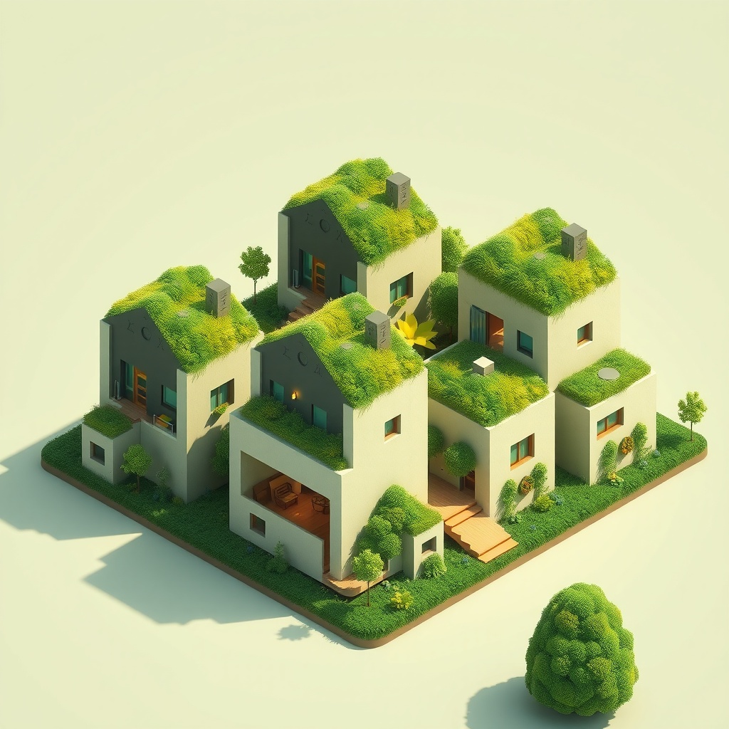 A conceptual visualization depicting compact green home building as a metaphor for sustainability and modern living. The artwork should feature an abstract or geometric representation, using a 3D digital art style. The lighting should include a main light source coming from the top left, creating soft shadows that suggest a quiet, serene environment. Secondary lighting should provide gentle rim effects highlighting key contours. The viewpoint is a medium distance, slightly elevated to emulate a bird's eye perspective, focusing on a cluster of compact homes integrated with nature. The mood is optimistic and harmonious, with a warm color palette dominated by greens and earthy tones, accented by light blues to signify tranquility. The composition follows the rule of thirds, with a dynamic balance that promotes a sense of unity between the homes and their environment. Negative space should be utilized to emphasize the simplicity of living and interconnectedness with nature. Colors should harmonize in an analogous scheme, reinforcing the eco-friendly theme.
