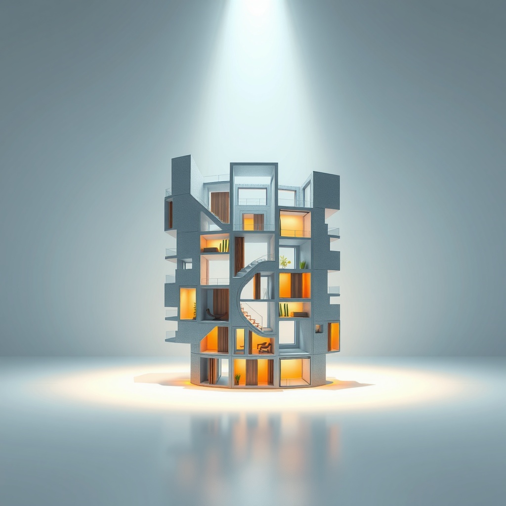 Create an abstract and geometric digital art (3D) illustration that embodies the primary theme of compact living in urban apartments. The scene should depict an intricate, interlocking structure symbolizing the harmony of style and functionality in limited spaces. Lighting should emanate from the top left, casting soft elongated shadows to the bottom right, with a secondary soft glow from below enhancing the structure's three-dimensionality. The viewing angle should be an eye-level perspective from a medium distance, drawing focus to the central intertwining elements representing modular and smart design. The mood of the image should be optimistic and innovative, reflecting a forward-thinking approach to urban living. The composition should adhere to the rule of thirds, with balanced elements showcasing the dynamism of space-saving solutions against a serene backdrop. The color palette should be primarily cool, with blues and greys, accented by warm yellows to signify creativity and innovation, and a harmonious analogous scheme for visual coherence.