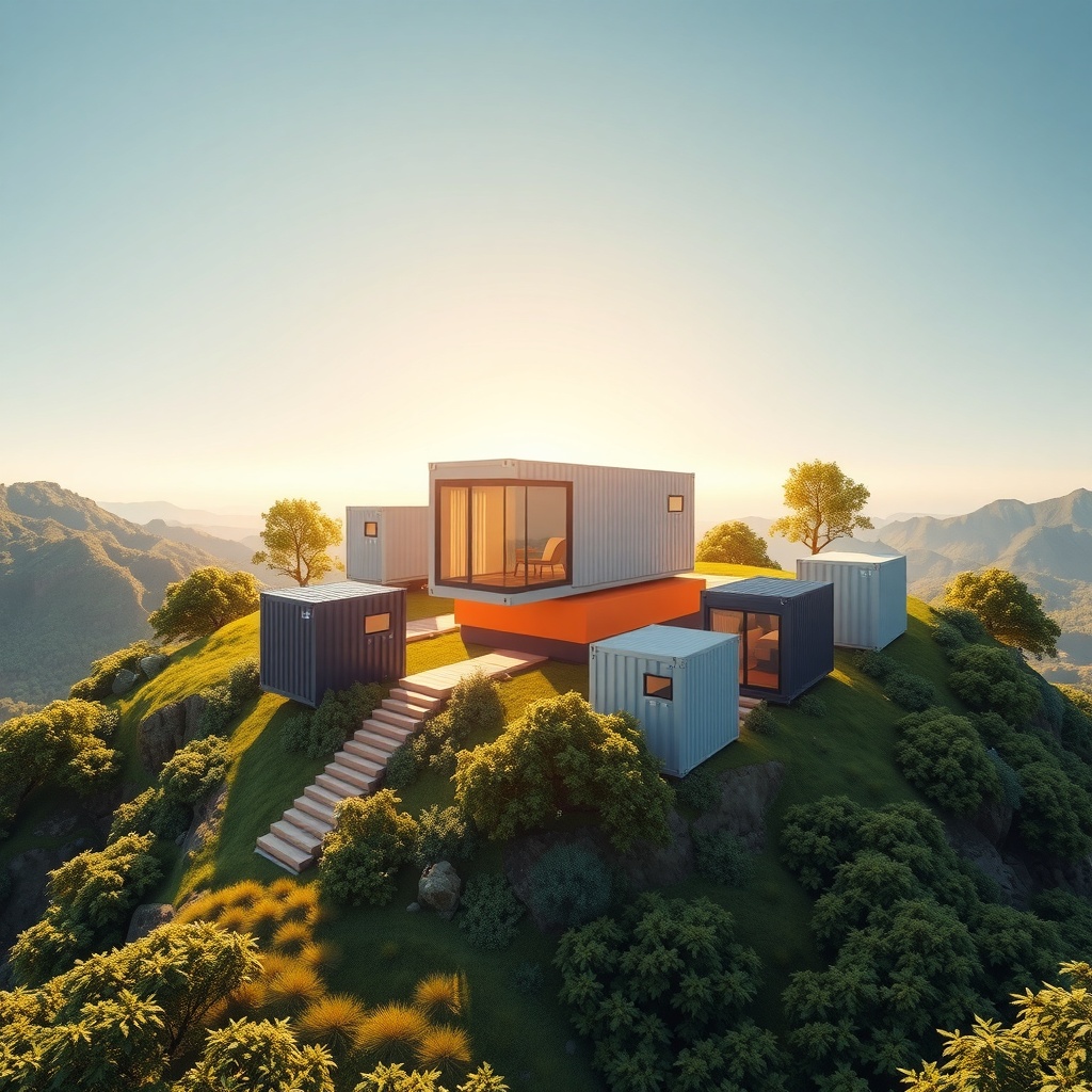 A conceptual image representing the modern trend of shipping container homes, highlighting their blend of sustainability, innovation, and architectural flexibility. The image should employ a digital art style, specifically 3D rendering, to showcase a futuristic yet grounded approach. The lighting should feature a primary soft, diffused daylight emanating from the left, with a secondary warm glow from below, casting gentle, elongated shadows that suggest both stability and movement. The perspective should be a medium aerial view, focusing on a cluster of container homes seamlessly integrated into a natural landscape, with one home prominently in the golden spiral of the composition, suggesting harmony with nature. The mood should be optimistic and forward-thinking, with clear skies suggesting a bright future. The composition should follow the rule of thirds, with a dynamic arrangement reflecting balance and progress. The color palette should include cool blues and greens as primary tones, accented by warm earth colors, achieving a harmonious balance that feels lively and cohesive.