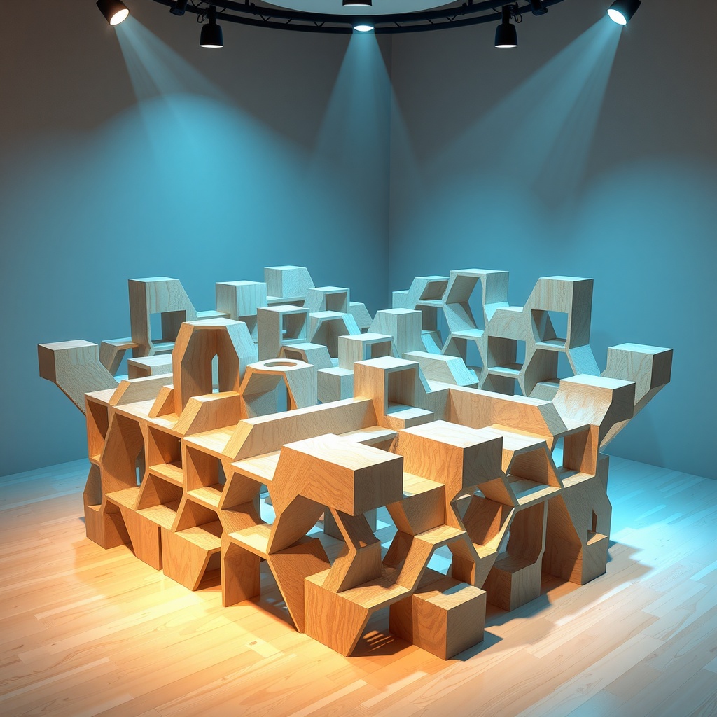 Create an abstract digital 3D artwork symbolizing the balance between custom and ready-made space-saving furniture. Use geometric shapes interlocking to represent customization and mass production, with fluid transitions showcasing innovation and efficiency. Lighting should highlight contrasts, with a primary soft spotlight from above to symbolize inspiration and secondary fill lights to outline craftsmanship details, casting medium, intricate shadows. The perspective should be medium distance, eye-level, making the viewer focus on the connecting nodes. The emotional tone is thoughtful, with a balanced mood reflecting decision-making. Use rule of thirds for subject placement, ensuring harmony and dynamic balance with ample negative space. The color palette should feature warm earth tones with cool blue accents and a harmonious blend, providing a calming yet engaging atmosphere.