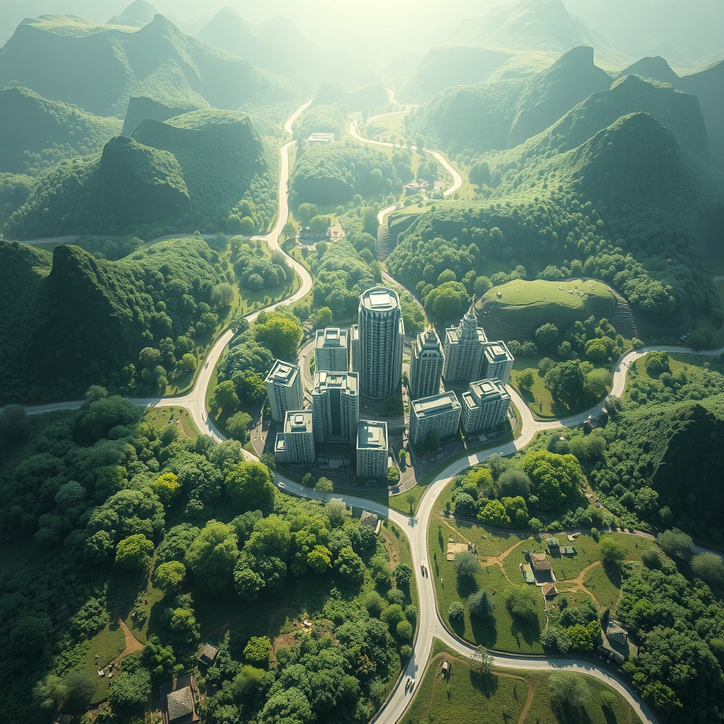Create an abstract, geometric representation illustrating the central theme of downsizing for sustainability. Use 3D digital art to embody this concept through the depiction of shrinking buildings that merge into vibrant natural landscapes, symbolizing ecological balance and reduced resource consumption. The lighting should feature a main light source from the top left, casting soft, elongated shadows that symbolize the transition from large to small living. Subtle volumetric lighting enhances the surreal atmosphere. The camera angle should provide an aerial view, emphasizing a wide perspective to reinforce the theme of space optimization. The mood of the image is serene and optimistic, capturing the promise of a sustainable future. The composition should utilize the rule of thirds to frame the buildings and landscapes dynamically, ensuring a harmonious balance between human-made structures and nature. The color palette includes earthy greens and browns for the landscapes, contrasted by muted grays and whites for the buildings, adhering to an analogous harmony with a cool overall temperature.