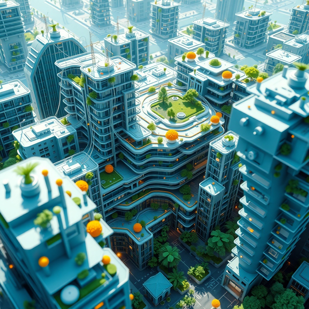 An abstract digital 3D art representation capturing the essence of energy efficiency in multi-level architecture. The visualization should blend futuristic architectural forms with intricate energy networks. Lighting should emulate a softly diffused sunlight, creating gentle shadows that enhance the fluidity of the scene, complemented by subtle rim lighting that highlights key edges. The viewpoint is an aerial wide-angle perspective, focusing on a symbiotic interaction between buildings and their environment, with the focal point at the center. The mood is optimistic and serene, evoking a sense of harmony and innovation in urban landscapes. Subject placement follows the rule of thirds, with a dynamic balance and ample negative space surrounding the structures. The color palette consists of cool blues and greens as primary colors, with accents of vibrant yellow and orange. The overall color harmony is analogous, supporting a calm but progressive narrative.