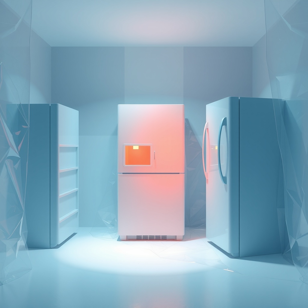 Digital art (3D) representation capturing the theme of 'innovative energy-saving techniques and household efficiency'. This conceptual visualization features abstract geometric shapes representing refrigerators, interwoven with transparent digital layers symbolizing plastic sheeting and filled spaces, to metaphorically illustrate the transformation from energy drain to savings. Lighting includes a soft, diffused main light from the top left, casting subtle shadows and providing a sense of depth, with secondary rim lighting to highlight key shapes. The viewing angle is a medium distance, eye-level perspective focusing on the interaction between shapes, with an emotional tone of optimism and ingenuity. Composition follows the rule of thirds, creating a balanced yet dynamic interplay of elements with ample negative space, emphasizing transformation and efficiency. The color palette consists of cool tones like blues and teals as primary colors, with warm accents of soft orange to highlight key aspects, creating a complementary color harmony for a visually engaging and hopeful atmosphere.