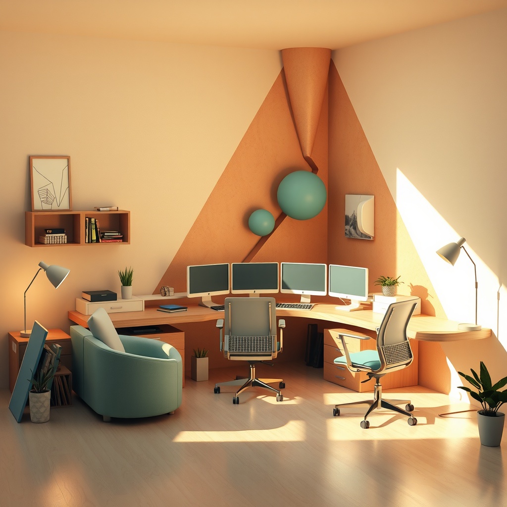 An abstract representation exploring the interplay of ergonomics and work-from-home setups, visualized through a harmonious blend of geometric shapes and vibrant colors symbolizing comfort and efficiency. The primary artistic style is digital 3D art, using soft, diffused lighting from multiple sources to create gentle shadows and highlight the interconnected elements. The perspective is wide, viewed from a slightly elevated angle to encompass the entire scope of the workspace. The mood is serene and optimistic, suggesting balance and well-being. The composition follows the rule of thirds, with dynamic arrangements allowing natural flow between elements. The color palette features warm earth tones with accents of calming blues and greens, using an analogous harmony approach to enhance a sense of tranquility and coherence.