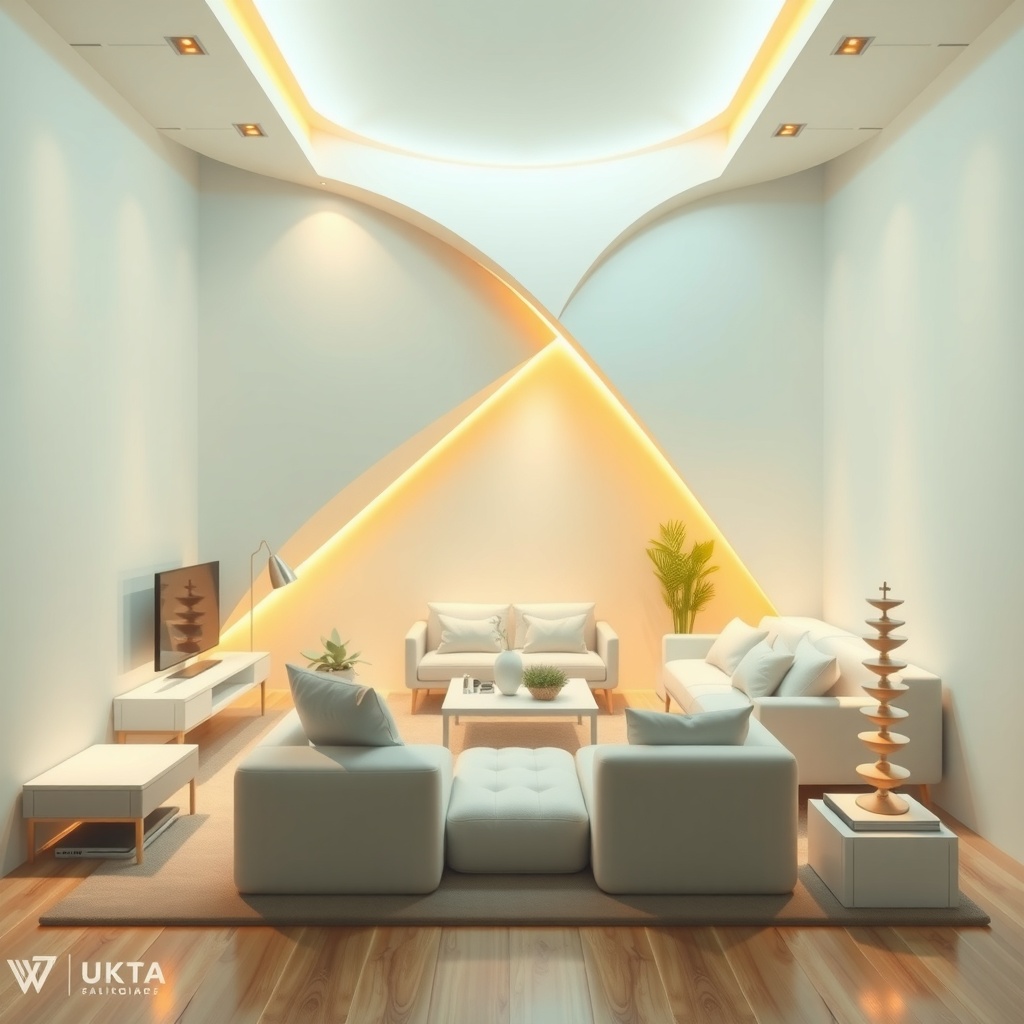 Create an abstract geometric representation illustrating the evolving landscape of transformable furniture in modern home design. The image should symbolize the concept of multifunctional living spaces enriched with adaptability and efficiency. Choose a digital 3D art style to depict the fluid transition of flex rooms and transformable furniture into versatile zones accommodating various needs. The primary light source should be soft ambient lighting from above, complemented by warm low-angle secondary lighting that casts gentle, elongated shadows, enhancing the mood of innovation and practicality. The viewing angle should be a medium, eye-level perspective, focusing on a dynamic interplay of geometric shapes that represent adaptable furniture pieces. The atmospheric mood should be optimistic and forward-thinking, with a balance of elements adhering to the rule of thirds for a visually engaging composition. Opt for a harmonious color palette with cool tones as the primary colors—such as soft blues and greens—accentuated by warm yellows and golds to convey optimism and modernity.