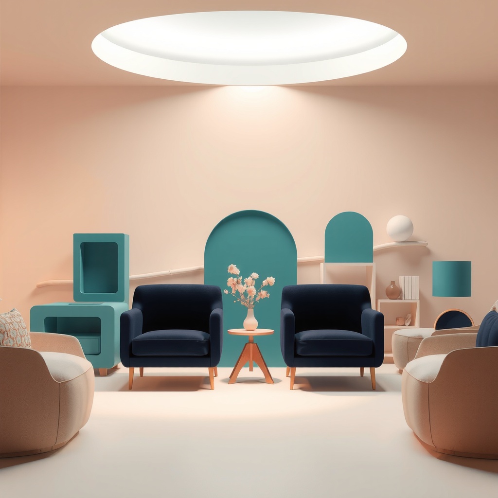 Create an abstract digital art representation of the concept of choice and balance in furniture selection, focusing on the tension and harmony between custom and ready-made options. The central theme is the thoughtful process of balancing personal preference with budget constraints. Use a 3D digital art style to give depth and intrigue to the image. The lighting should be soft, with a gentle overhead light casting subtle shadows to suggest introspection and deliberation. A rim light can highlight certain elements to emphasize the decision-making aspect. Position the viewpoint at a medium distance, slightly above eye-level, to give an inclusive perspective of this abstract representation. The focal point should be towards the center, illustrating the pivotal moment of decision. The mood should convey optimism and contemplation, with an airy and balanced composition using the rule of thirds to distribute elements evenly. The primary colors are soft teal and warm beige, accented with hints of deep navy for contrast, maintaining a cool overall temperature with a complementary color harmony.