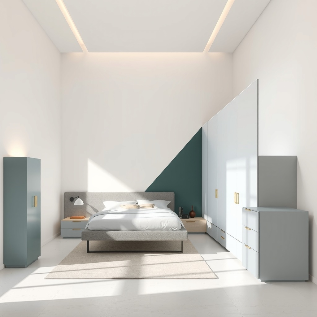 A modern and innovative representation of Murphy beds' transformative impact on space design, focusing on the concept of multifunctionality and elegance. The artistic style will be abstract geometric representation, with clean lines and dynamic forms symbolizing both transformation and adaptation in space design. Lighting will feature a soft, diffused glow from an overhead source, casting gentle shadows that convey an airy and open atmosphere, complemented by subtle rim lighting to highlight the edges of geometric shapes. The camera is positioned at an eye-level perspective with a medium distance to capture the balanced interaction of shapes and lights. The mood is optimistic and serene, reflective of modern urban living solutions, with an overall visual weight that is light and open. Composition will use the rule of thirds to create balance, with varied geometric elements artistically placed to emphasize dynamic harmony and creative space utilization. The color palette will be primarily cool tones with touches of soft teal and muted gray, accented by warm gold to symbolize innovation and quality, following a complementary color harmony approach for contrast and balance.